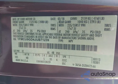 2018 Ford Escape Se из США, поврежденный, VIN 1FMCU9GD4JUB71239